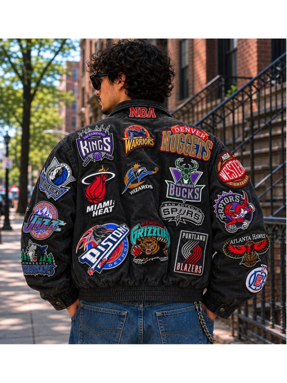 Vintage Jeff Hamilton NBA Patch Leather Bomber Jacket XL Rare Y2K Streetwear - Picture 2 of 16